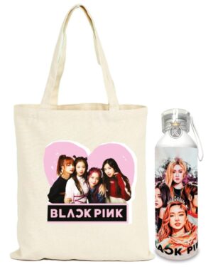 Tote Bag Bolsa Black Pink + Botella En Aluminio -estampaking